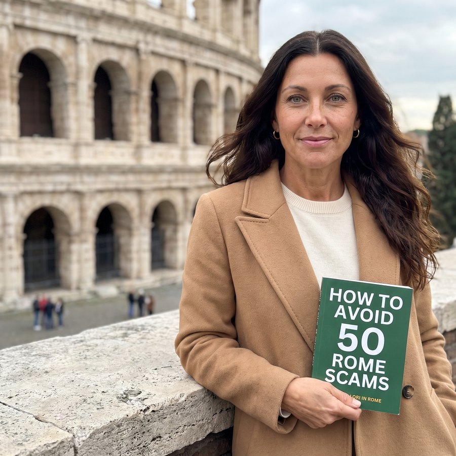 Lori holding the book on a street in Rome, the Colosseum behind