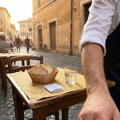 A basket of bread and a folded bill on a trattoria table